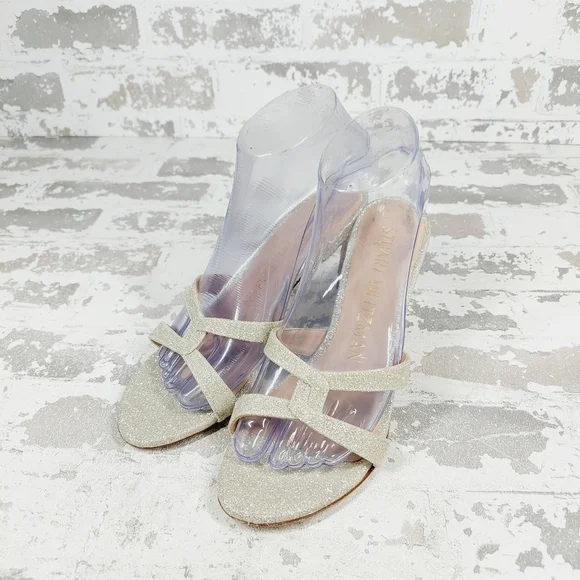 Stuart Weitzman Golden Glitter Heeled Slide Sandals E567 - Picture 2 of 12